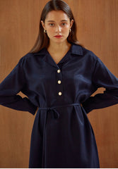 Long Sleeve Silk Midi Dress with Waist Tie, V-Neckline, and Elegant Button-Front Detail