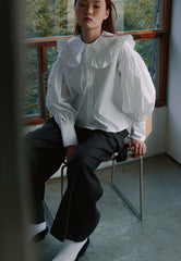 Cotton Poplin Shirt with Ruffled Oversized Collar and Voluminous Puff Sleeves
