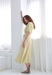 Belted Button-Down Midi Linen Dress with Short Sleeves and V-Neckline