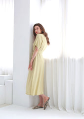 Belted Button-Down Midi Linen Dress with Short Sleeves and V-Neckline
