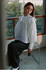 Cotton Poplin Shirt with Ruffled Oversized Collar and Voluminous Puff Sleeves