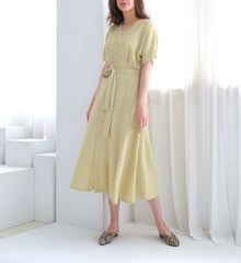 Belted Button-Down Midi Linen Dress with Short Sleeves and V-Neckline