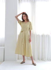 Belted Button-Down Midi Linen Dress with Short Sleeves and V-Neckline