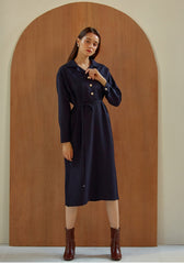 Long Sleeve Silk Midi Dress with Waist Tie, V-Neckline, and Elegant Button-Front Detail