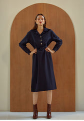 Long Sleeve Silk Midi Dress with Waist Tie, V-Neckline, and Elegant Button-Front Detail