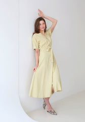 Belted Button-Down Midi Linen Dress with Short Sleeves and V-Neckline