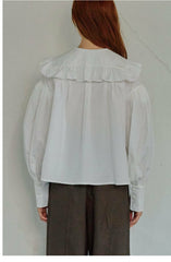 Cotton Poplin Shirt with Ruffled Oversized Collar and Voluminous Puff Sleeves