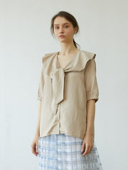 Soft Linen Blouse with Oversized Collar and Front Tie – Button-Down Puff Sleeve Top for Women