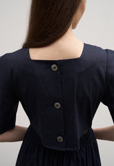 Women's Linen Puff Sleeve Midi Dress – Round Neck A-Line Dress with Button Back Detail