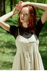 Asymmetric Button-Front Linen Dress with Spaghetti Straps and Flowing Skirt