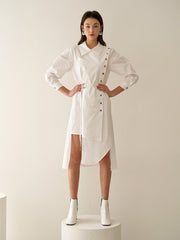 Asymmetric Button-Detail Linen Dress with Belted Waist and Puff Sleeves