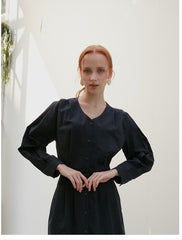 Button-Front Women's Midi Dress in Lightweight Linen with Pleated Skirt and Tailored Waist Detail