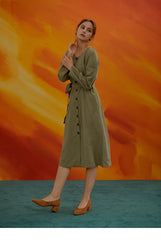 Women's Linen Button-Front Midi Dress with Round Neckline and Waist Tie for Everyday Elegance