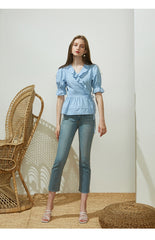Ruffled Wrap Linen Blouse with Puff Sleeves and Tie Waist for Feminine Everyday Style