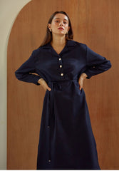Long Sleeve Silk Midi Dress with Waist Tie, V-Neckline, and Elegant Button-Front Detail