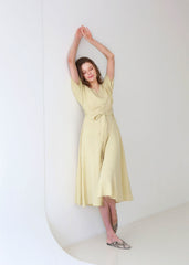 Belted Button-Down Midi Linen Dress with Short Sleeves and V-Neckline