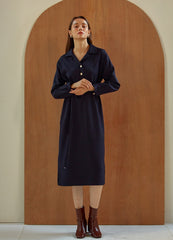 Long Sleeve Silk Midi Dress with Waist Tie, V-Neckline, and Elegant Button-Front Detail