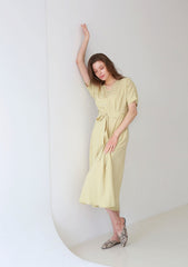 Belted Button-Down Midi Linen Dress with Short Sleeves and V-Neckline