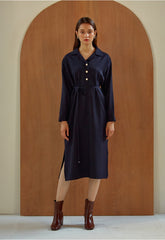 Long Sleeve Silk Midi Dress with Waist Tie, V-Neckline, and Elegant Button-Front Detail