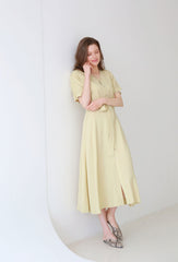 Belted Button-Down Midi Linen Dress with Short Sleeves and V-Neckline