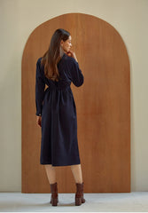 Long Sleeve Silk Midi Dress with Waist Tie, V-Neckline, and Elegant Button-Front Detail