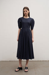 Women's Linen Puff Sleeve Midi Dress – Round Neck A-Line Dress with Button Back Detail