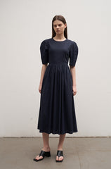 Women's Linen Puff Sleeve Midi Dress – Round Neck A-Line Dress with Button Back Detail
