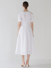 Elegant Short Sleeve V-Neck Cotton Poplin Midi Dress with Flared Hem and Tailored Waist