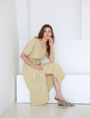 Belted Button-Down Midi Linen Dress with Short Sleeves and V-Neckline