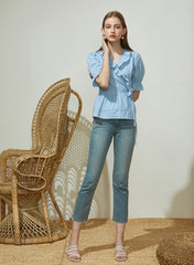 Ruffled Wrap Linen Blouse with Puff Sleeves and Tie Waist for Feminine Everyday Style