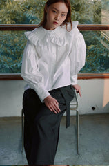 Cotton Poplin Shirt with Ruffled Oversized Collar and Voluminous Puff Sleeves