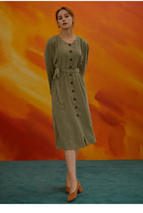 Women's Linen Button-Front Midi Dress with Round Neckline and Waist Tie for Everyday Elegance