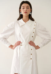 Asymmetric Button-Detail Linen Dress with Belted Waist and Puff Sleeves