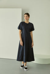 Cotton Poplin Midi Dress with Short Sleeves, Tailored Waist, and Elegant Flared Silhouette