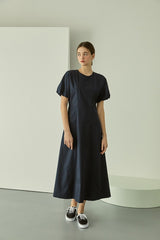 Cotton Poplin Midi Dress with Short Sleeves, Tailored Waist, and Elegant Flared Silhouette