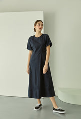Cotton Poplin Midi Dress with Short Sleeves, Tailored Waist, and Elegant Flared Silhouette