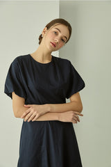 Cotton Poplin Midi Dress with Short Sleeves, Tailored Waist, and Elegant Flared Silhouette