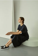 Cotton Poplin Midi Dress with Short Sleeves, Tailored Waist, and Elegant Flared Silhouette