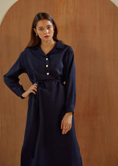 Long Sleeve Silk Midi Dress with Waist Tie, V-Neckline, and Elegant Button-Front Detail