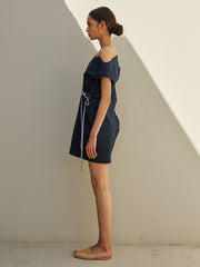 Off-Shoulder Linen Mini Dress with Asymmetrical Neckline and Adjustable Side Tie Detail