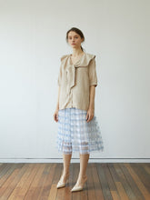 Soft Linen Blouse with Oversized Collar and Front Tie – Button-Down Puff Sleeve Top for Women