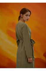 Women's Linen Button-Front Midi Dress with Round Neckline and Waist Tie for Everyday Elegance