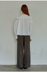 Cotton Poplin Shirt with Ruffled Oversized Collar and Voluminous Puff Sleeves