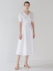 Elegant Short Sleeve V-Neck Cotton Poplin Midi Dress with Flared Hem and Tailored Waist