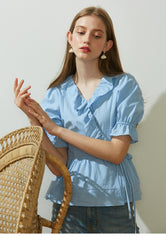 Ruffled Wrap Linen Blouse with Puff Sleeves and Tie Waist for Feminine Everyday Style