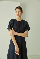 Cotton Poplin Midi Dress with Short Sleeves, Tailored Waist, and Elegant Flared Silhouette