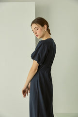 Cotton Poplin Midi Dress with Short Sleeves, Tailored Waist, and Elegant Flared Silhouette