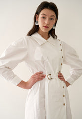 Asymmetric Button-Detail Linen Dress with Belted Waist and Puff Sleeves