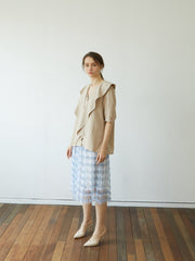 Soft Linen Blouse with Oversized Collar and Front Tie – Button-Down Puff Sleeve Top for Women