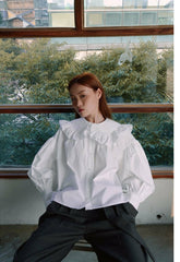 Cotton Poplin Shirt with Ruffled Oversized Collar and Voluminous Puff Sleeves